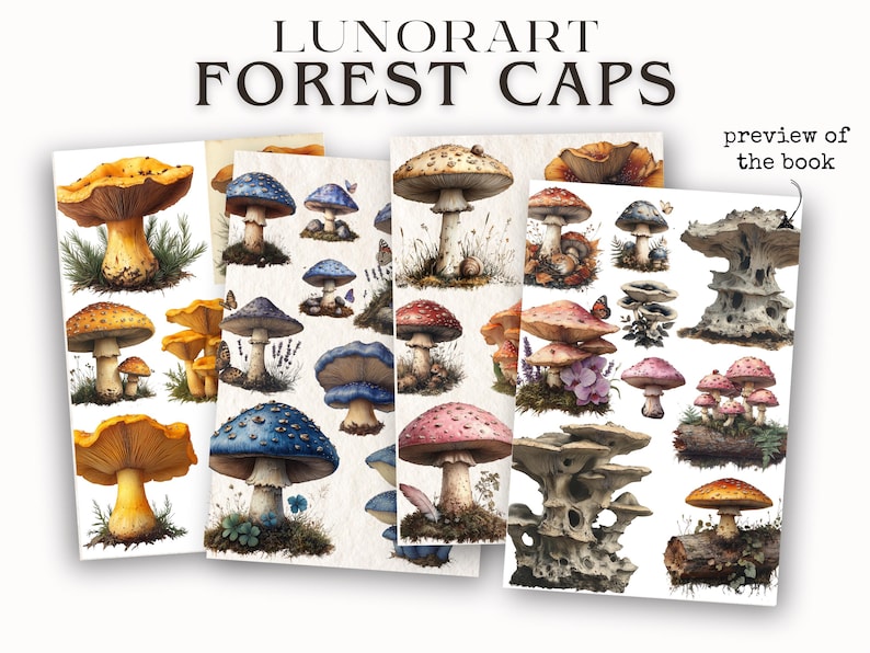 May include: A collection of colorful mushroom illustrations, featuring various shapes and sizes, with a title that reads "LUNORART FOREST CAPS preview of the book".