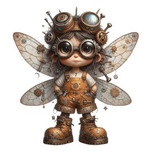 May include: A whimsical steampunk fairy illustration. The fairy wears goggles, a crown, and boots adorned with gears and mechanical elements. She has large eyes, a white shirt, and orange overalls. Her wings are detailed with gears and mechanical designs.