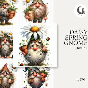 Daisy Spring Gnome Clipart lot de 10 haute qualité 300 DPI JPG Art saisonnier fantaisiste pour scrapbooking cartes de fête artisanat téléchargement numérique