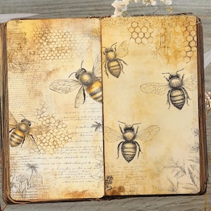 Puede incluir: Un diario vintage abierto con un fondo de papel envejecido y desgastado. Las p&aacute;ginas est&aacute;n decoradas con ilustraciones dibujadas a mano de abejas y patrones de panal. El diario tiene una cubierta de cuero marr&oacute;n y se cierra con un broche de metal.