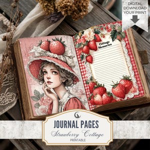 Pode incluir: Páginas abertas de um diário com ilustrações de morangos e flores. Uma página apresenta uma mulher com um chapéu vermelho e morangos. A outra página tem papel pautado com uma borda de morangos. O texto diz "Cottage Memories" e "Journal Pages Strawberry Cottage Printable".