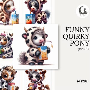 Drôle mini poney Clipart PNG fond transparent animaux de la ferme original vache à capuche boîte de jus stupide cheval mignon téléchargement numérique pour travaux manuels