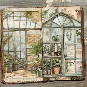 May include: A vintage-style scrapbook page featuring a greenhouse scene. The illustration shows a glass greenhouse filled with potted plants, a watering can, and handwritten notes. The overall color palette is muted greens, browns, and creams.