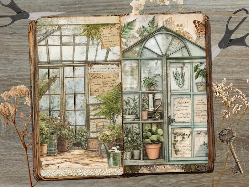 May include: A vintage-style scrapbook page featuring a greenhouse scene. The illustration shows a glass greenhouse filled with potted plants, a watering can, and handwritten notes. The overall color palette is muted greens, browns, and creams.