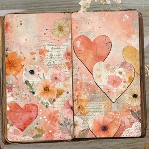 K&ouml;nnte beinhalten: Offenes Journal mit Aquarellherzen und floralen Akzenten. Die Seiten zeigen eine sanfte rosa und pfirsichfarbene Farbpalette mit Vintage-Schrift und zarten Blumenillustrationen. Schere und Schl&uuml;ssel sind sichtbar.