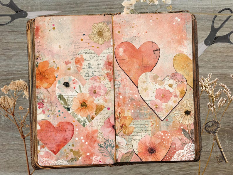 K&ouml;nnte beinhalten: Offenes Journal mit Aquarellherzen und floralen Akzenten. Die Seiten zeigen eine sanfte rosa und pfirsichfarbene Farbpalette mit Vintage-Schrift und zarten Blumenillustrationen. Schere und Schl&uuml;ssel sind sichtbar.