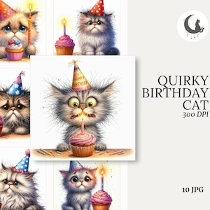 Anniversaire original chat Clipart lot de 10 haute qualité 300 DPI JPG art animalier fantaisiste pour scrapbooking fête artisanat et décoration téléchargement numérique