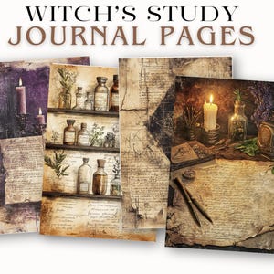 May include: Four vintage-style journal pages with a witchy theme. The pages feature illustrations of candles, potion bottles, herbs, and handwritten text. The words "Witch's Study Journal Pages" are at the top.