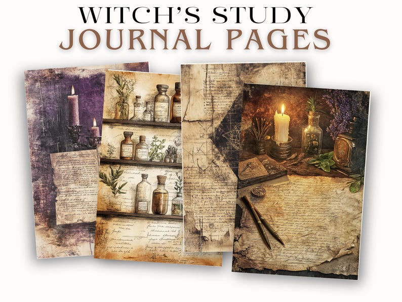 May include: Four vintage-style journal pages with a witchy theme. The pages feature illustrations of candles, potion bottles, herbs, and handwritten text. The words "Witch's Study Journal Pages" are at the top.