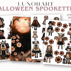 Pode incluir: Impress&atilde;o de arte digital com o texto "LUNORART HALLOWEEN SPOOKETTES". A imagem mostra ilustra&ccedil;&otilde;es de casas assustadoras, uma lua cheia e figuras semelhantes a bonecas em fantasias de Halloween. A pr&eacute;-visualiza&ccedil;&atilde;o do livro &eacute; exibida.