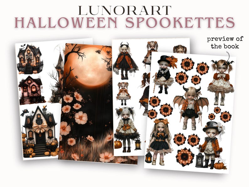 Pode incluir: Impress&atilde;o de arte digital com o texto "LUNORART HALLOWEEN SPOOKETTES". A imagem mostra ilustra&ccedil;&otilde;es de casas assustadoras, uma lua cheia e figuras semelhantes a bonecas em fantasias de Halloween. A pr&eacute;-visualiza&ccedil;&atilde;o do livro &eacute; exibida.