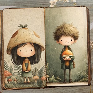 May include: An open book illustration featuring two cartoon characters. One wears a mushroom hat and the other holds a mushroom. The artwork has a whimsical, storybook style with earthy tones and a forest setting.