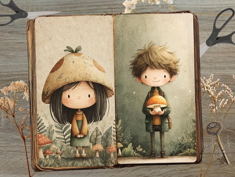 May include: An open book illustration featuring two cartoon characters. One wears a mushroom hat and the other holds a mushroom. The artwork has a whimsical, storybook style with earthy tones and a forest setting.
