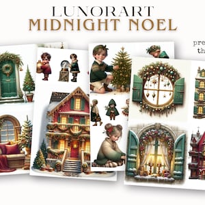 Puede incluir: Una colecci&oacute;n de impresiones de arte digital con tem&aacute;tica navide&ntilde;a. Las impresiones presentan ilustraciones de ni&ntilde;os, casas decoradas, coronas y &aacute;rboles de Navidad. El texto "LUNORART MIDNIGHT NOEL" se muestra en la parte superior. Las palabras "preview of the book" tambi&eacute;n son visibles.
