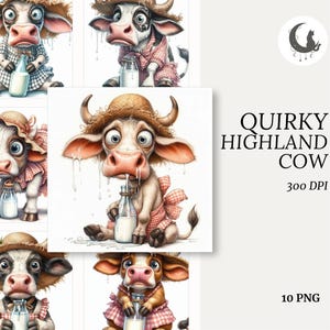 Clipart engraçado de vaca das Terras Altas, animal de fazenda peculiar, aquarela, rústico, rural, arte de celeiro, conjunto de PNGs para crianças, scrapbooking, cartões, artesanato, uso