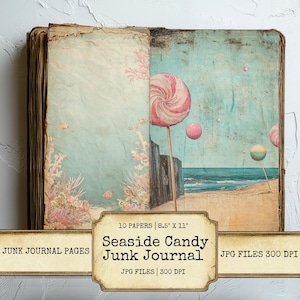 Seaside Candy Junk Journal Pages Set of 10 Printable 300 DPI Digital Papers Whimsical Coastal Art for Scrapbooking Crafts Collage Download