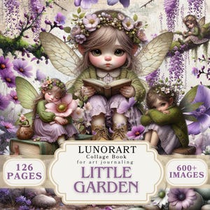 以下が含まれることがあります： デジタルアートコラージュのブックカバー。羽、花の冠、本を読む3人の妖精のような姿が描かれています。カバーには「LITTLE GARDEN」と「126 PAGES」と「600+ IMAGES」の文字があります。カラーパレットには、紫、緑、茶色の色合いが含まれています。