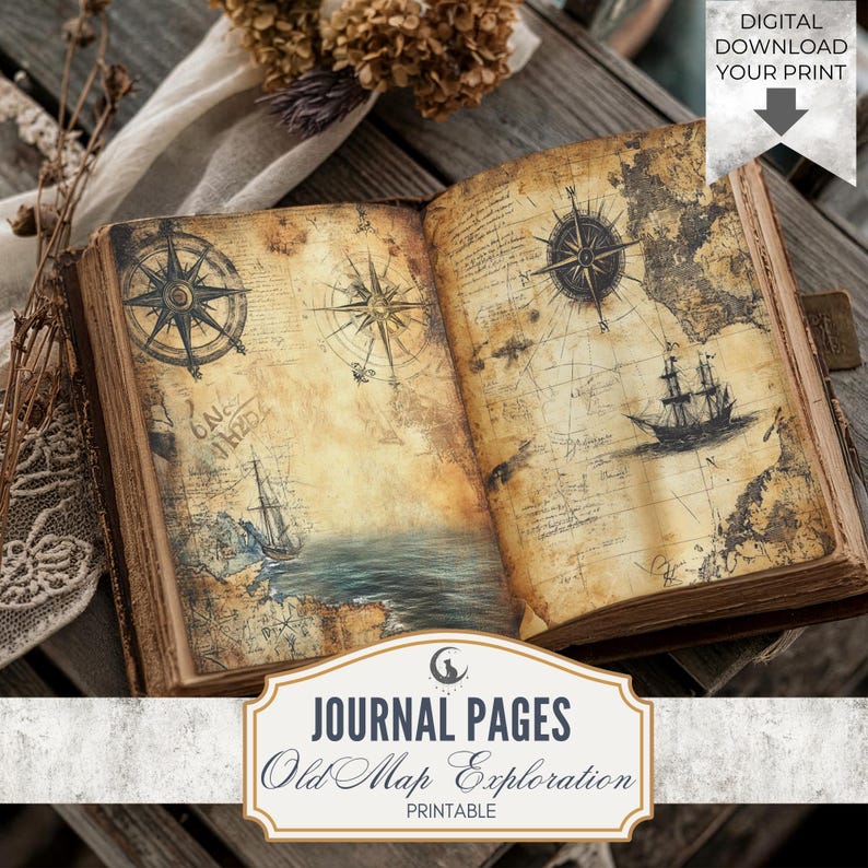 Old Maps Exploration Junk Journal Pages Set of 10 Printable 300 DPI Digital Papers Vintage Travel Adventure Theme for Scrapbooking Collage image 1