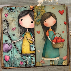 Op de afbeelding: Een vintage-stijl illustratie van twee meisjes in een verhalenboek. E&eacute;n meisje houdt een vlindernet vast, de ander draagt een mand met rode appels. Het kunstwerk toont harten, vlinders en een zacht kleurenpalet.