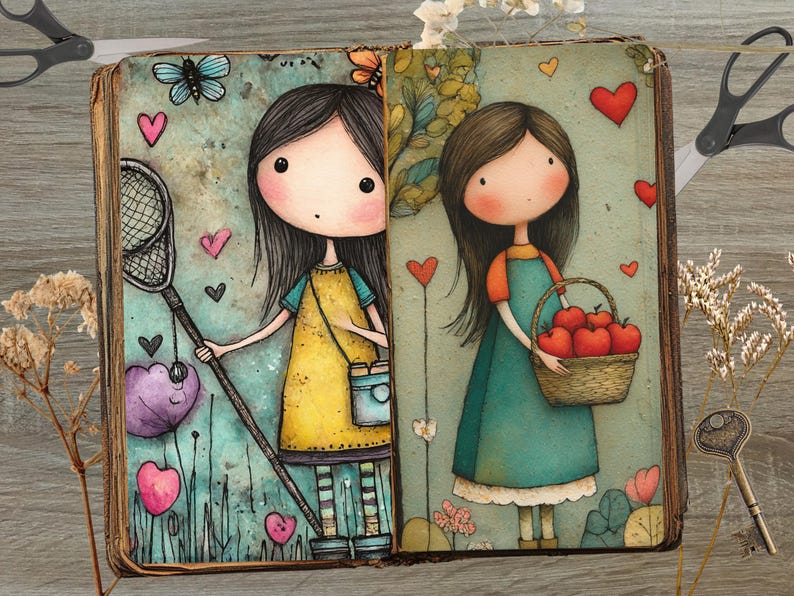 Op de afbeelding: Een vintage-stijl illustratie van twee meisjes in een verhalenboek. E&eacute;n meisje houdt een vlindernet vast, de ander draagt een mand met rode appels. Het kunstwerk toont harten, vlinders en een zacht kleurenpalet.