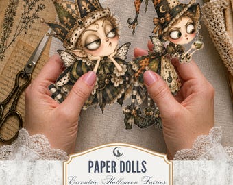 Eccentric Halloween Fairy Paper Dolls Whimsical Quirky Gothic Cottagecore Fussy Cuts Characters Scrapbook Ephemera Junk Journal Download