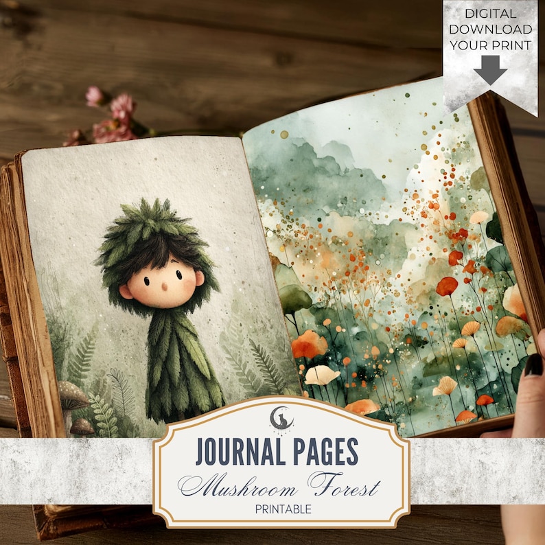 May include: Open journal with watercolor illustrations. One page features a whimsical figure in a leafy outfit, the other a field of flowers. The journal is labeled "Journal Pages Mushroom Forest Printable."