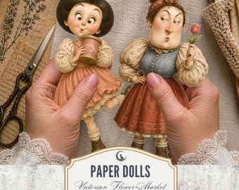 Victorian Flower Market Paper Dolls PNG PDF Whimsical Floral Ladies Cottagecore Fussy Cuts Scrapbook Ephemera Junk Journal Digital Download