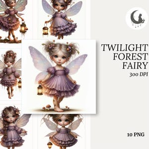 May include: Digital art featuring multiple illustrations of fairies with large, detailed wings and dresses in shades of purple. Each fairy holds a lantern. The text "TWILIGHT FOREST FAIRY" is displayed, along with "300 DPI" and "10 PNG".