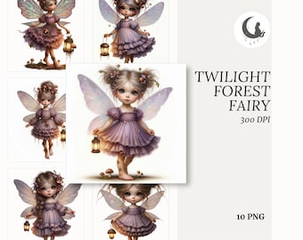 Frazzled Fairy Girl Clipart PNG Forest Fairy Sparkly Wings Purple Dress Star Freckles Mushroom Braid Glowing Lantern Transparent Background