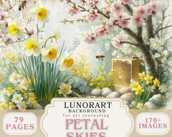 May include: A digital art image featuring a spring garden scene with daffodils, cherry blossoms, and a beehive. The image includes the text "LUNORART BACKGROUND for art journaling PETAL SKIES", "79 PAGES", and "170+ IMAGES".