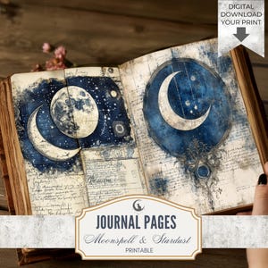 May include: Open journal pages with celestial illustrations. One page features a crescent moon and a full moon against a starry blue background. The other page has a crescent moon in a blue circle. Text at the bottom reads "JOURNAL PAGES Moonspeel & Stardust PRINTABLE."
