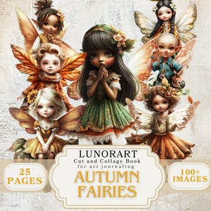 Pode incluir: Capa de livro de colagem digital com ilustrações de fadas em cores outonais. O título "Autumn Fairies" é exibido em uma faixa, com o texto "25 Páginas" e "100+ Imagens". As fadas têm asas detalhadas e estão em poses diferentes.