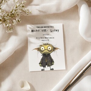 May include: A Halloween party invitation featuring a cartoon goblin illustration. The invitation text reads "YOU ARE INVITED TO A HALLOWEEN PARTY" with the date 01/19/2024 and location in Los Angeles, CA. The card is on a neutral background.