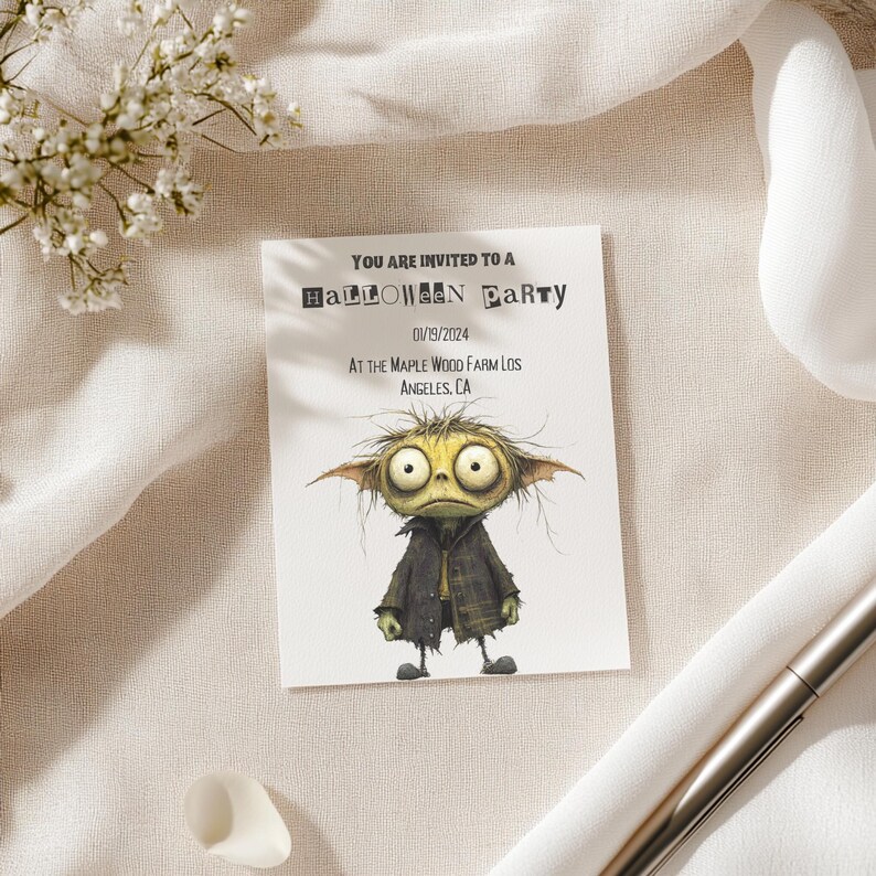 May include: A Halloween party invitation featuring a cartoon goblin illustration. The invitation text reads "YOU ARE INVITED TO A HALLOWEEN PARTY" with the date 01/19/2024 and location in Los Angeles, CA. The card is on a neutral background.
