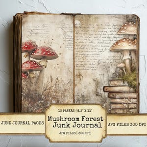 Grillige paddestoel bos ongewenste dagboekpagina's afdrukbare set bos schimmels natuur thema digitaal papier voor scrapbooking collage ambachten