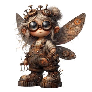 May include: A whimsical steampunk fairy illustration. The fairy wears goggles, a tool-adorned crown, and brown overalls. Her wings are detailed with gears and cogs. She stands in sturdy, gear-decorated boots, holding a wrench. The overall color palette is brown and bronze.