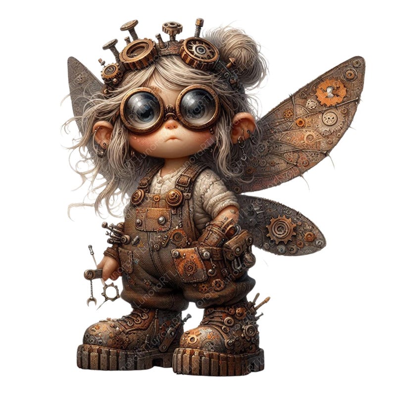 May include: A whimsical steampunk fairy illustration. The fairy wears goggles, a tool-adorned crown, and brown overalls. Her wings are detailed with gears and cogs. She stands in sturdy, gear-decorated boots, holding a wrench. The overall color palette is brown and bronze.