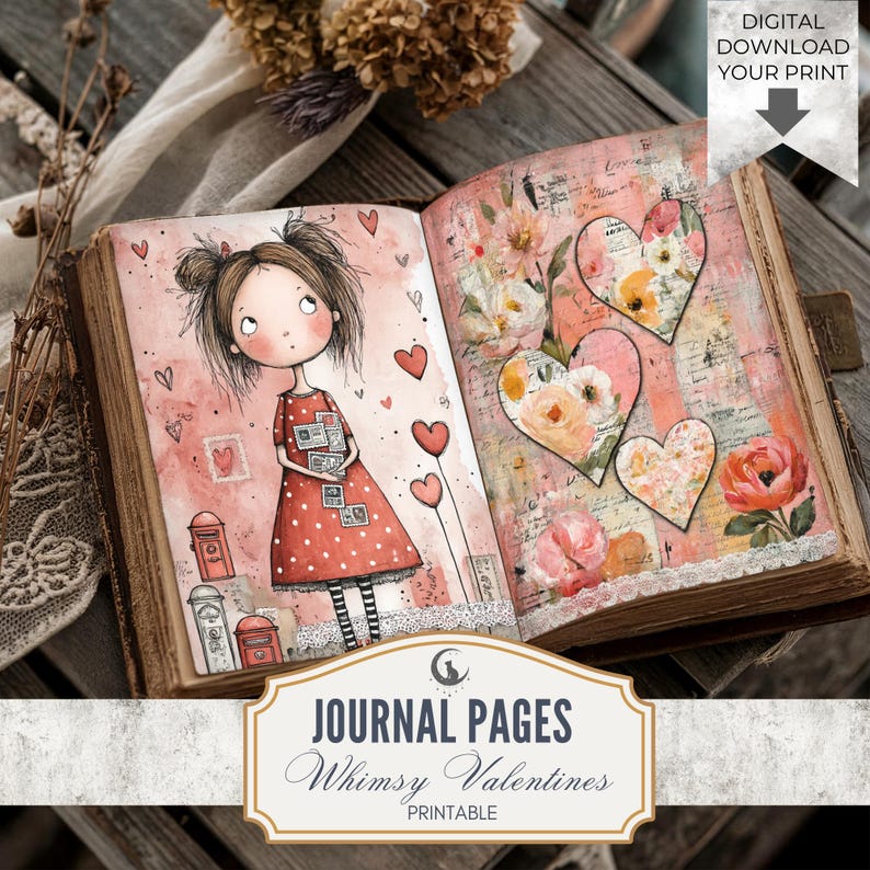 K&ouml;nnte beinhalten: Offenes Journal mit skurrilen Seiten zum Valentinstag. Die linke Seite zeigt ein M&auml;dchen in einem roten gepunkteten Kleid, das Briefmarken h&auml;lt. Die rechte Seite hat florale Herzdesigns. Der Text lautet "JOURNAL PAGES Whimsy Valentines PRINTABLE".
