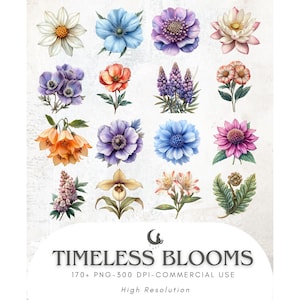 May include: A collection of watercolor floral illustrations in various colors, including white, blue, purple, orange, and pink. The text "Timeless Blooms" is displayed below the flowers, along with additional text indicating the image's resolution and commercial use.
