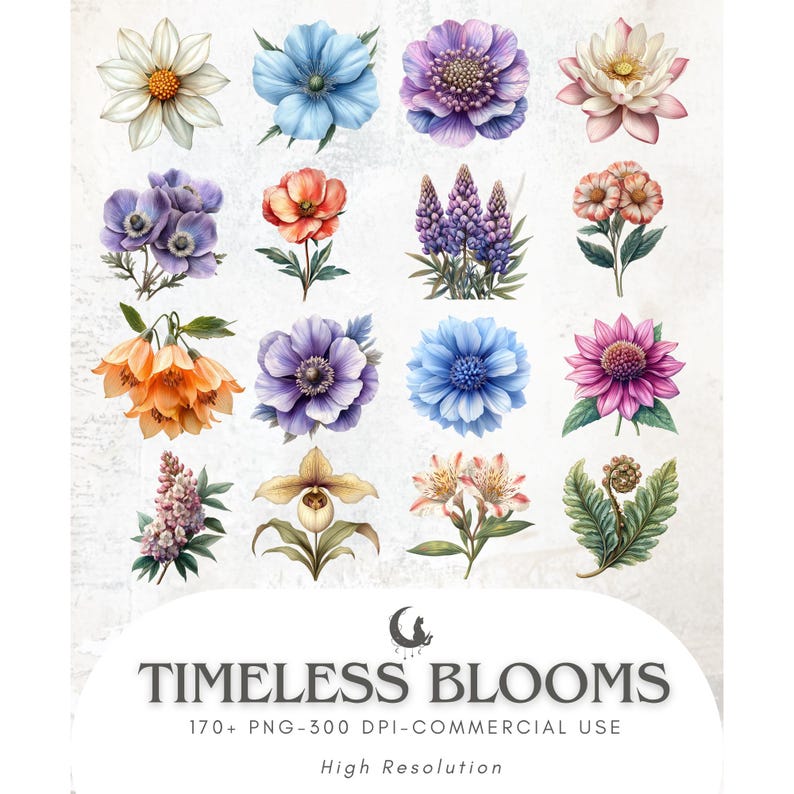 May include: A collection of watercolor floral illustrations in various colors, including white, blue, purple, orange, and pink. The text "Timeless Blooms" is displayed below the flowers, along with additional text indicating the image's resolution and commercial use.