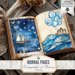 May include: Open journal with watercolor illustrations. One page depicts a starry night sky with a sailboat, the other shows a coastal scene with houses and swirling clouds. The journal is labeled "Journal Pages Cartographer of Dreams Printable."