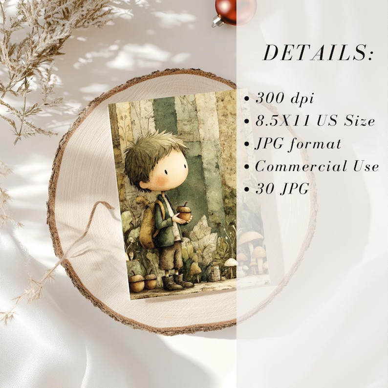 May include: A watercolor illustration of a young person with a backpack holding a small acorn, set in a forest scene. The image is on a wooden slice with details including 300 dpi, 8.5X11 US Size, JPG format, Commercial Use, and 30 JPG.
