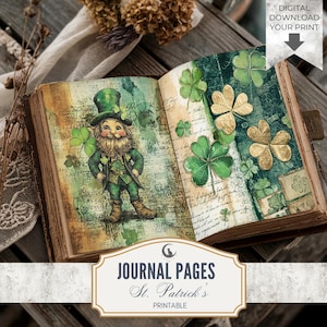 Puede incluir: Páginas de diario abiertas con temática del Día de San Patricio. Una página presenta una ilustración de un duende con tréboles. La otra página tiene tréboles verdes y dorados. El texto "Journal Pages St. Patrick's Printable" está en la parte inferior. La esquina superior derecha dice "Digital Download Your Print".
