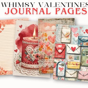 K&ouml;nnte beinhalten: Aquarell-Journalseiten mit Valentinsthema. Die Seiten zeigen Herzen, Kerzen, Umschl&auml;ge und florale Designs. Der Text "WHIMSY VALENTINES JOURNAL PAGES" wird oben im Bild angezeigt.