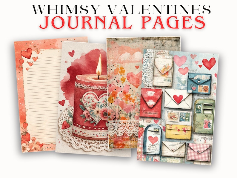 K&ouml;nnte beinhalten: Aquarell-Journalseiten mit Valentinsthema. Die Seiten zeigen Herzen, Kerzen, Umschl&auml;ge und florale Designs. Der Text "WHIMSY VALENTINES JOURNAL PAGES" wird oben im Bild angezeigt.