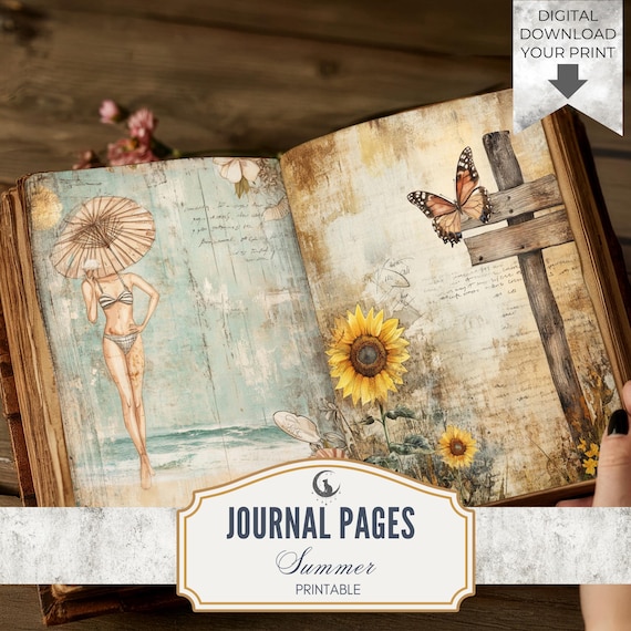 Summer Junk Journal Pages Set of 20 Printable 300 DPI Digital Papers Bright Seasonal Art for Scrapbooking Crafts and Collage Projects