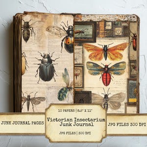 Victorian Insectarium Junk Journal Pages Set of 10 Printable 300 DPI Digital Papers Insects Ephemera for Scrapbooking and Collage Craft