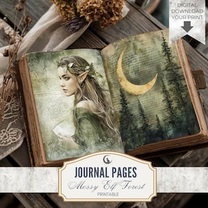 Puede incluir: Diario abierto con el texto "Journal Pages Mossy Elf Forest Printable". La página izquierda presenta una ilustración de un elfo con cabello largo y una corona de hojas. La página derecha muestra una luna creciente y un bosque. El diario tiene una estética vintage.