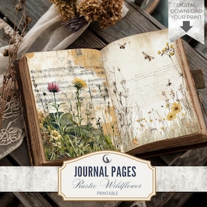 Rustikale Wildblumen Wiese Junk Journal Seiten Set von 10 druckbare 300 DPI Digital Papier Floral Natur Thema für Scrapbooking Collage Crafts
