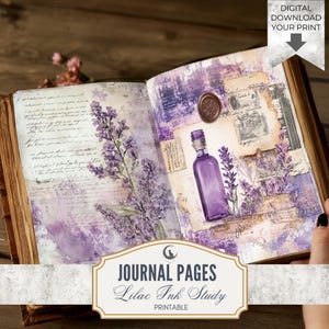 Páginas imprimibles de diario basura con estudio de tinta lila, papel efímero suave grunge morado botánico para álbumes de recortes, collages, manualidades, descarga